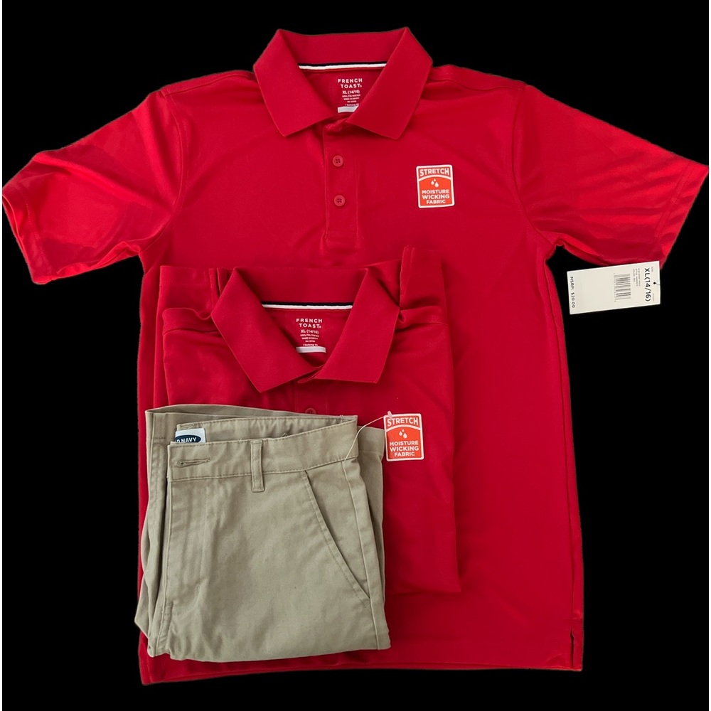 Two 14/16 red shirts and one pair Old Navy khaki shorts size 12.